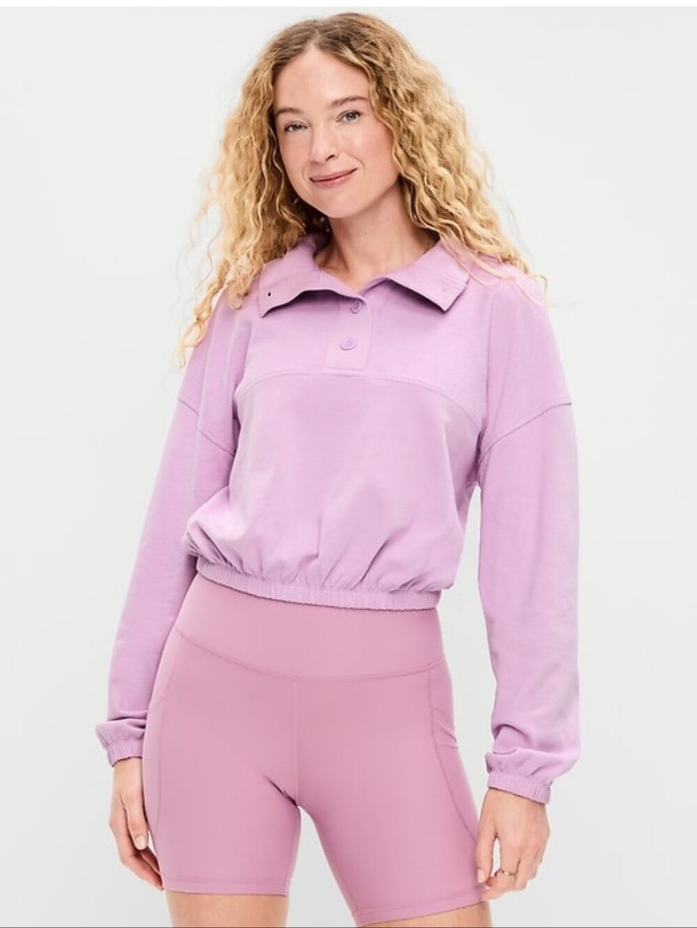OLD NAVY Button Up Funnel Neck Cropped Sweatshirt- Aster
